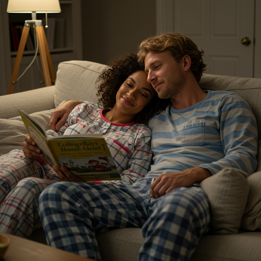 [Exhausted-looking but smiling couple in mismatched pajamas on a couch, one holding a storybook while the other rests head on their shoulder]