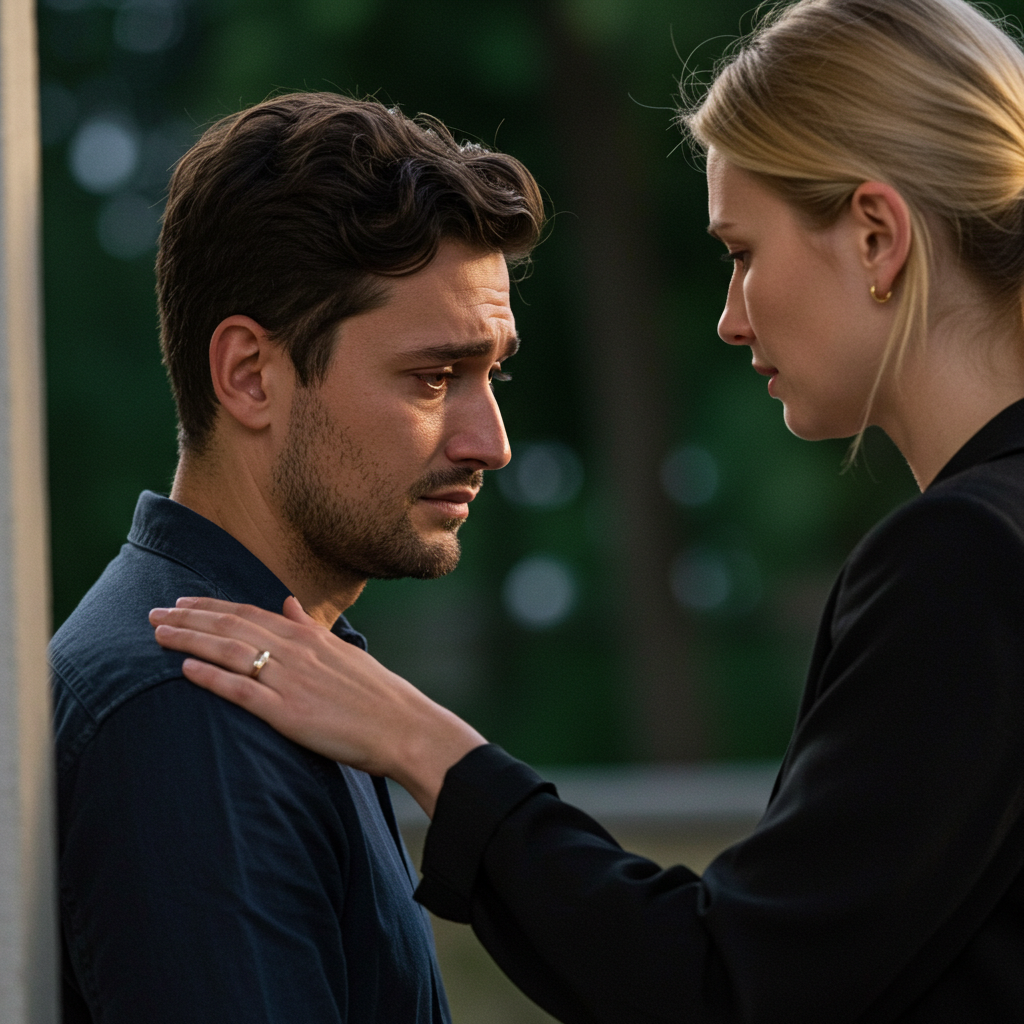 One person comforting another who has tears in their eyes, a hand placed gently on their shoulder in a supportive, non-invasive way.