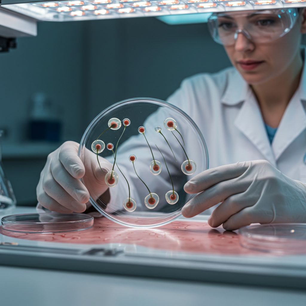 A futuristic, clean laboratory setting with a scientist in a white coat carefully examining a petri dish under a soft light. Inside the dish, tiny, organoid-like structures that resemble nascent hair follicles are visible, glowing with a slight bioluminescent hue.