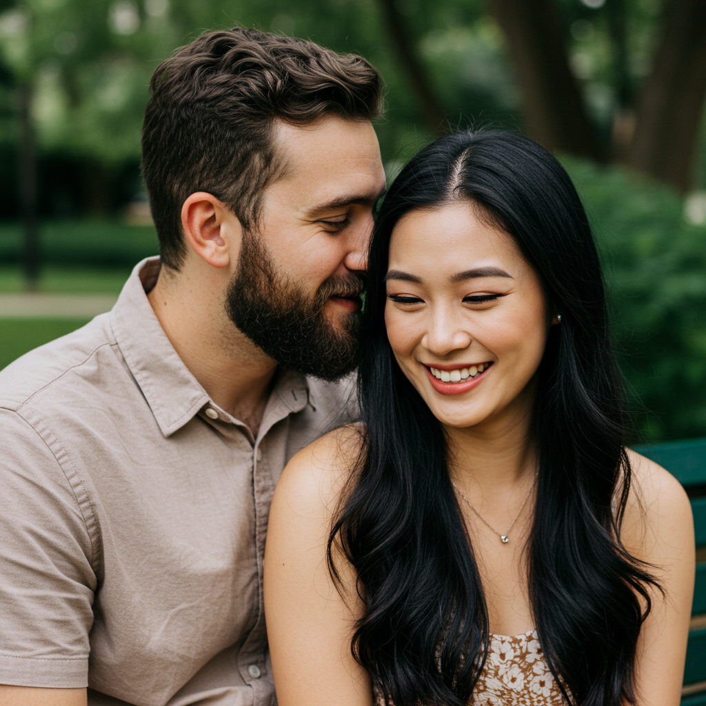 A man whispering something into his partner's ear that makes her blush and smile, looking down shyly but pleased.