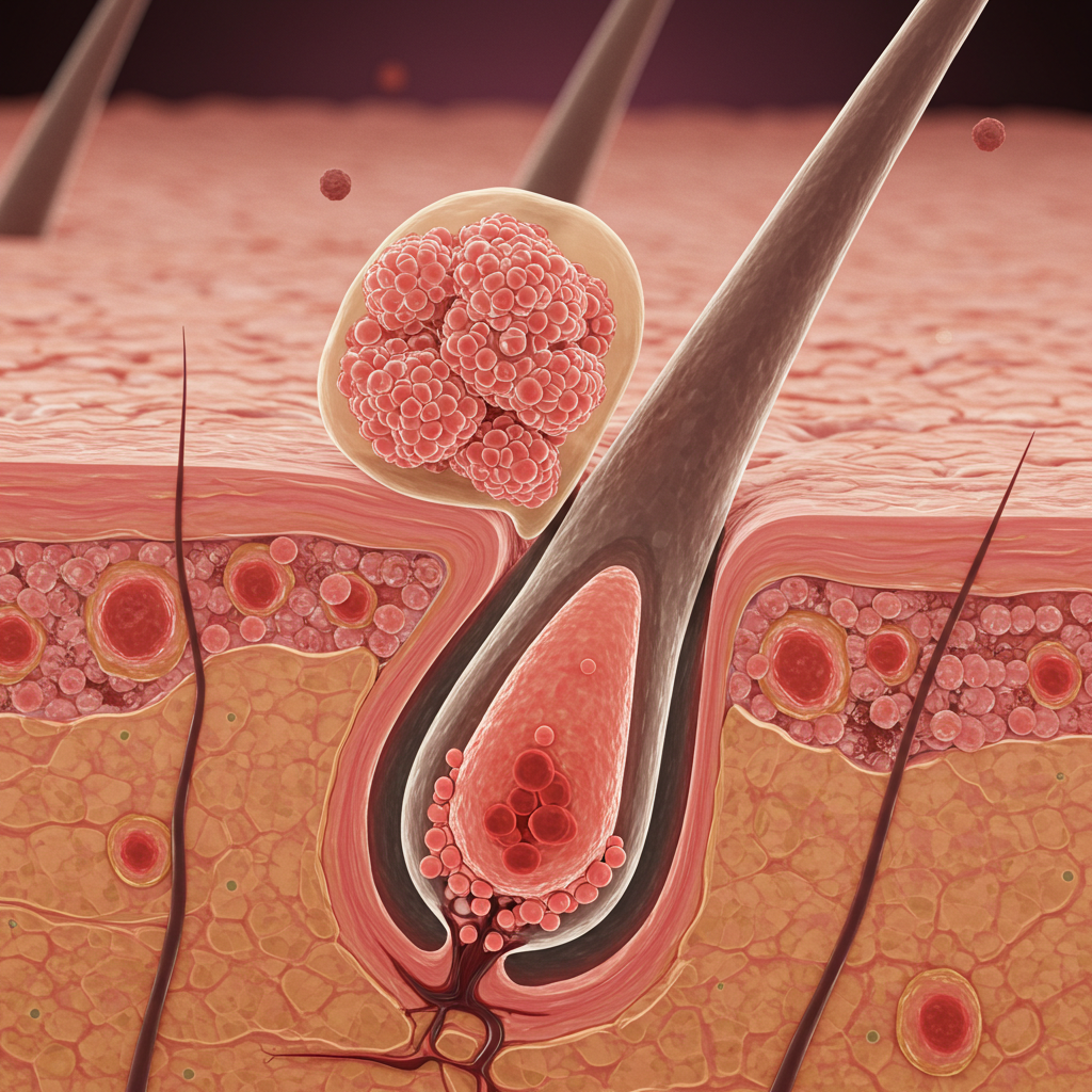 A detailed, scientifically accurate macro shot of a hair follicle organoid in a lab setting. The image should show the distinct 3D structure of the budding follicle, with clear differentiation between the dermal papilla cluster and the surrounding epidermal cells.