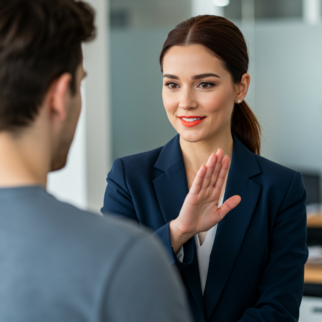 A woman calmly and politely declining a request from a colleague while maintaining a warm but firm smile.