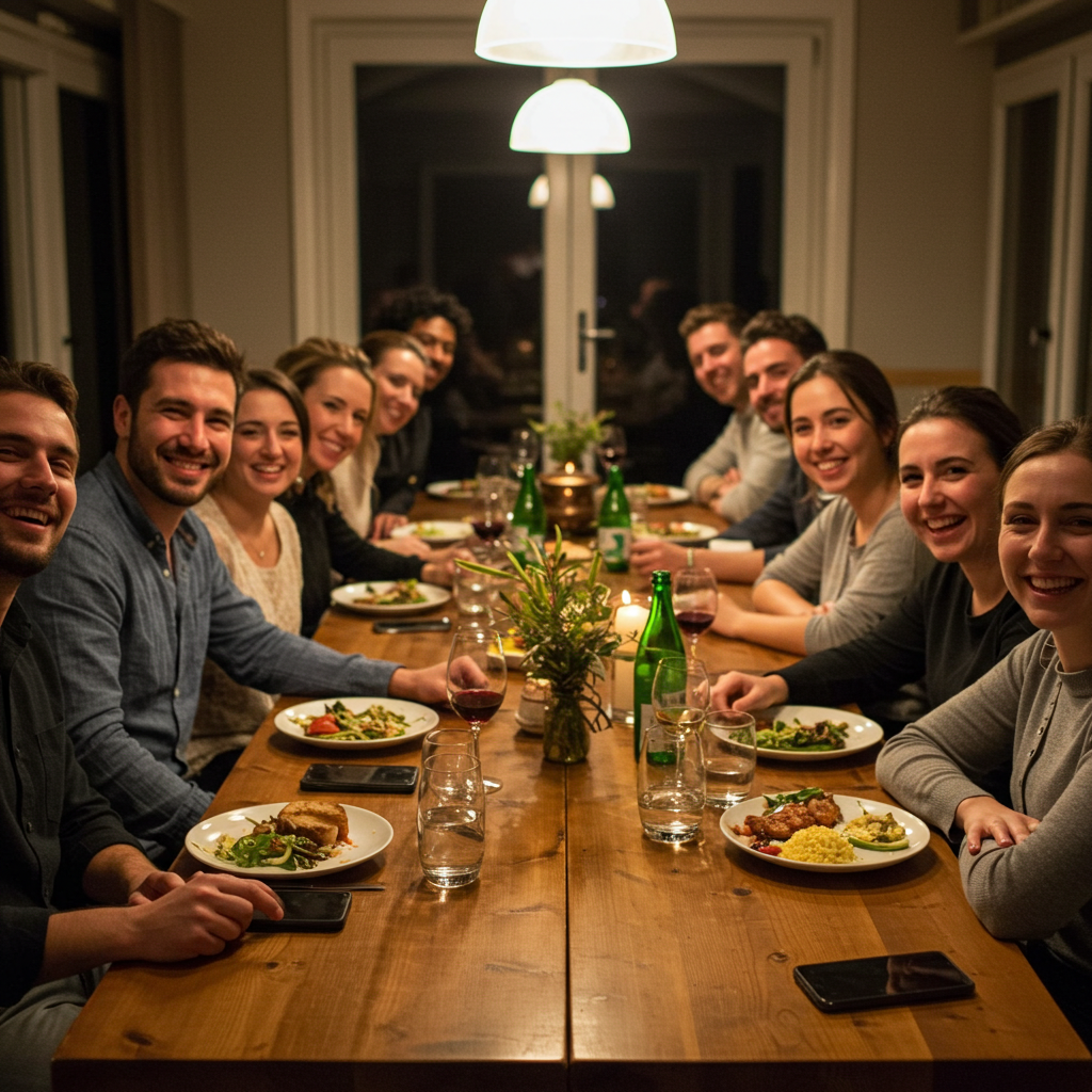 A group of friends laughing at a dinner table, with two ex-partners sitting opposite each other, forcing smiles while the rest of the group is unaware of the tension.