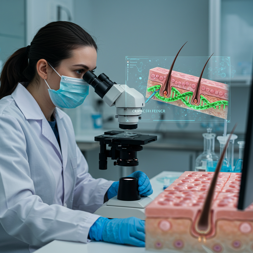 A scientist in a lab, looking through a microscope, with a digital overlay on the lens showing a CRISPR molecule (in a vivid color like green) editing a strand of DNA. On a monitor next to them, an image of a healthy hair follicle is displayed.