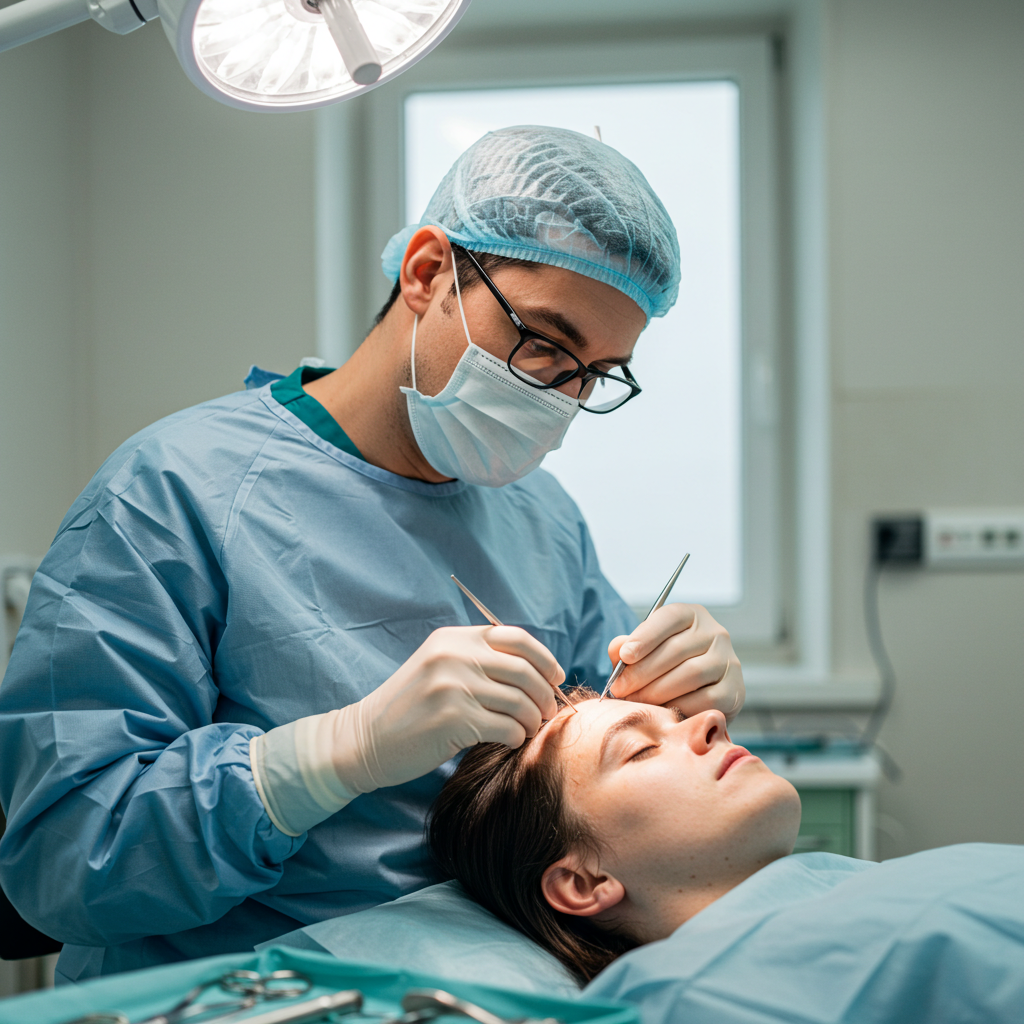 A split-image graphic. The left side shows a traditional hair transplant procedure with red dots on a patient's scalp. The right side shows a conceptual map of a scalp with bio-engineered follicles being implanted evenly across the entire area, symbolizing unlimited supply.
