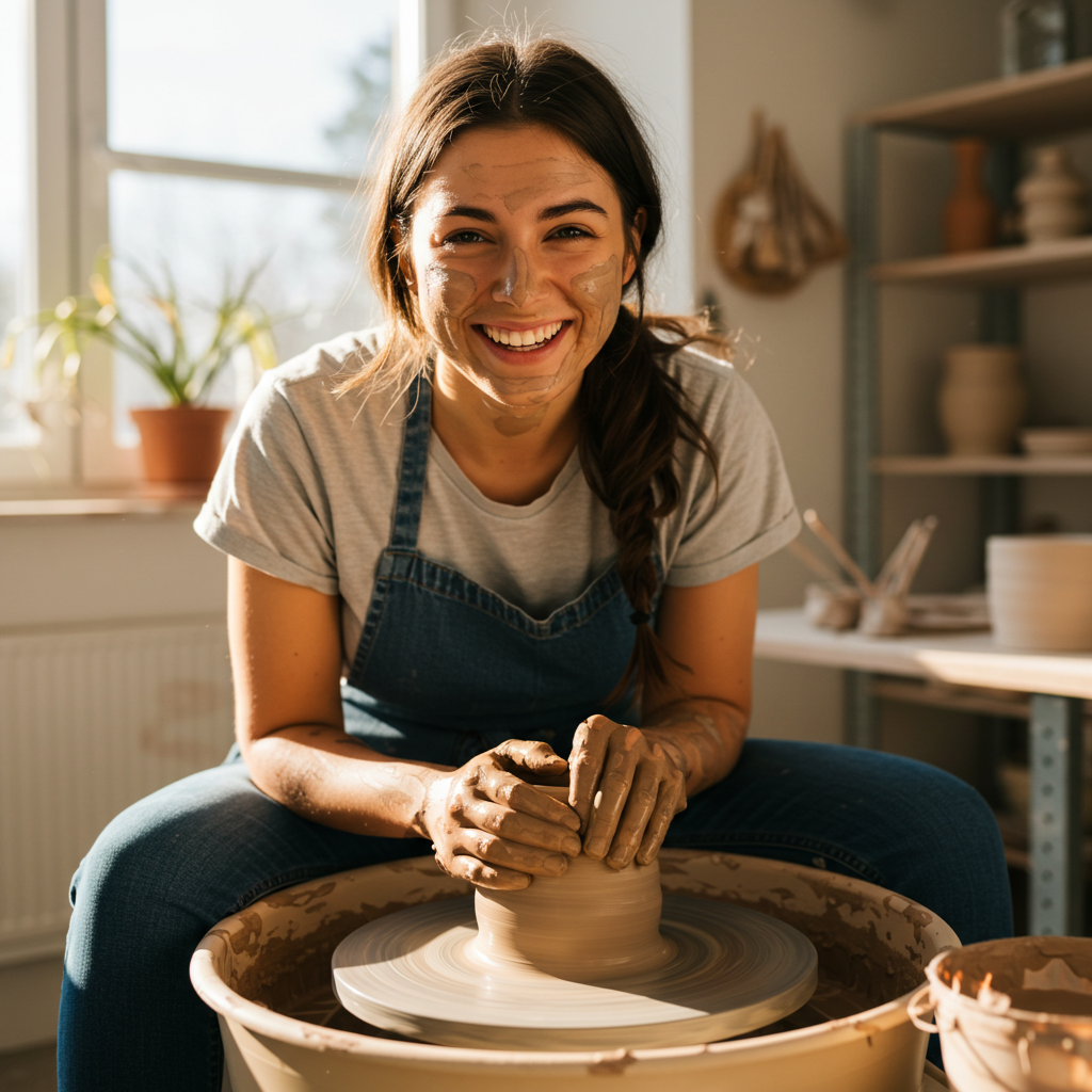 A person covered in clay, smiling proudly at a pottery wheel in a sunny studio, completely engrossed in their own creative project.