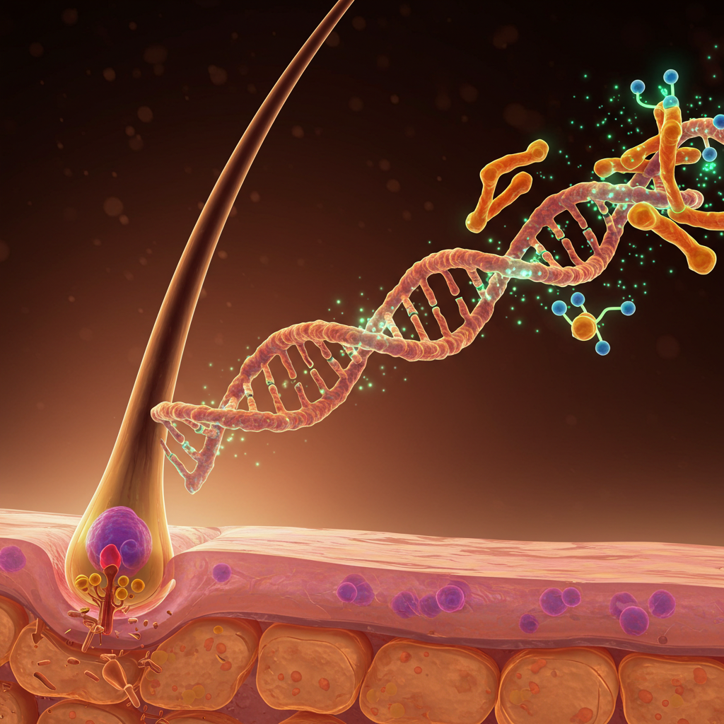 a  healthy gene, traveling towards a hair follicle cell, producing healthy keratin proteins.