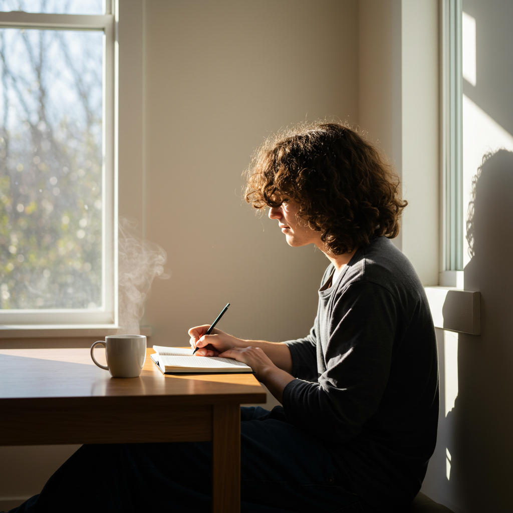 A person journaling alone in a peaceful, sunlit room with a cup of tea, symbolizing self-reflection and solo growth.