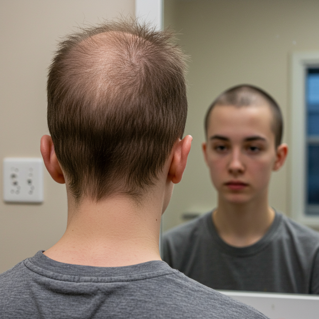 An emotional, hopeful image showing the back of a young person looking into a mirror, with their reflection showing a full, healthy head of hair. The actual view from behind shows sparse, unhealthy hair, symbolizing the transformative hope of a future treatment.