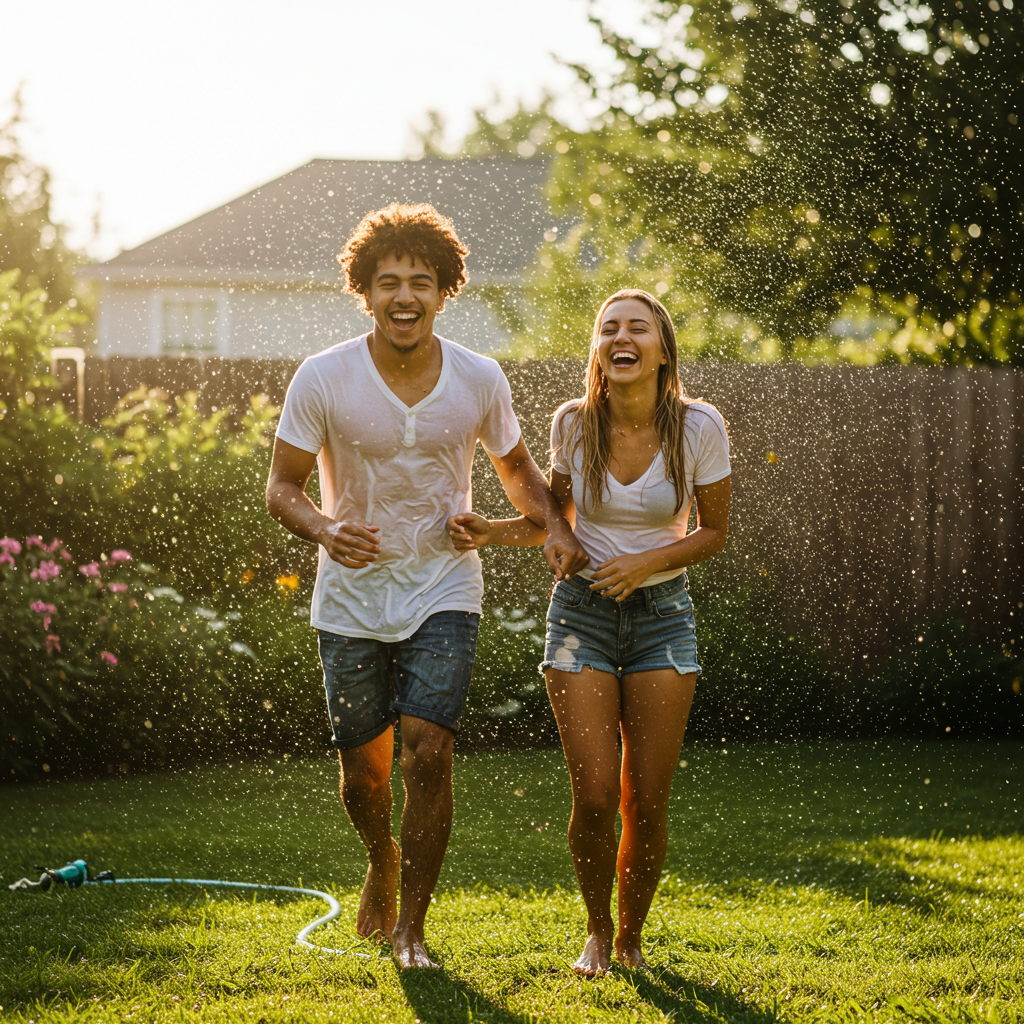 A couple running through a sprinkler in their backyard, laughing hysterically and carefree like children, completely soaked.