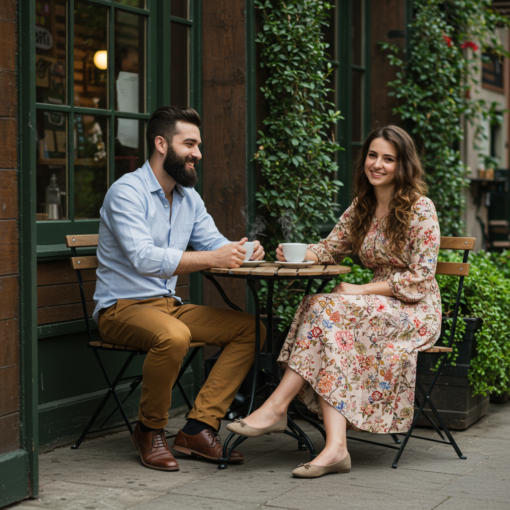 Two ex-partners meeting for coffee months later, both looking relaxed and genuinely happy, with comfortable body language indicating a true, platonic connection.