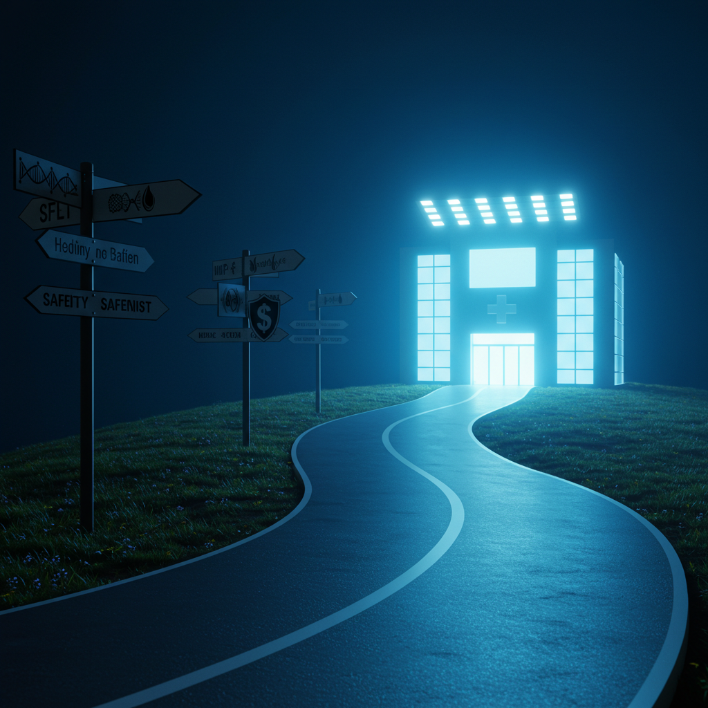 A symbolic image of a winding road or path leading towards a brightly lit modern medical facility. Along the road are signposts with icons representing DNA, a hair follicle, a safety shield, and a dollar sign, symbolizing the challenges on the journey.