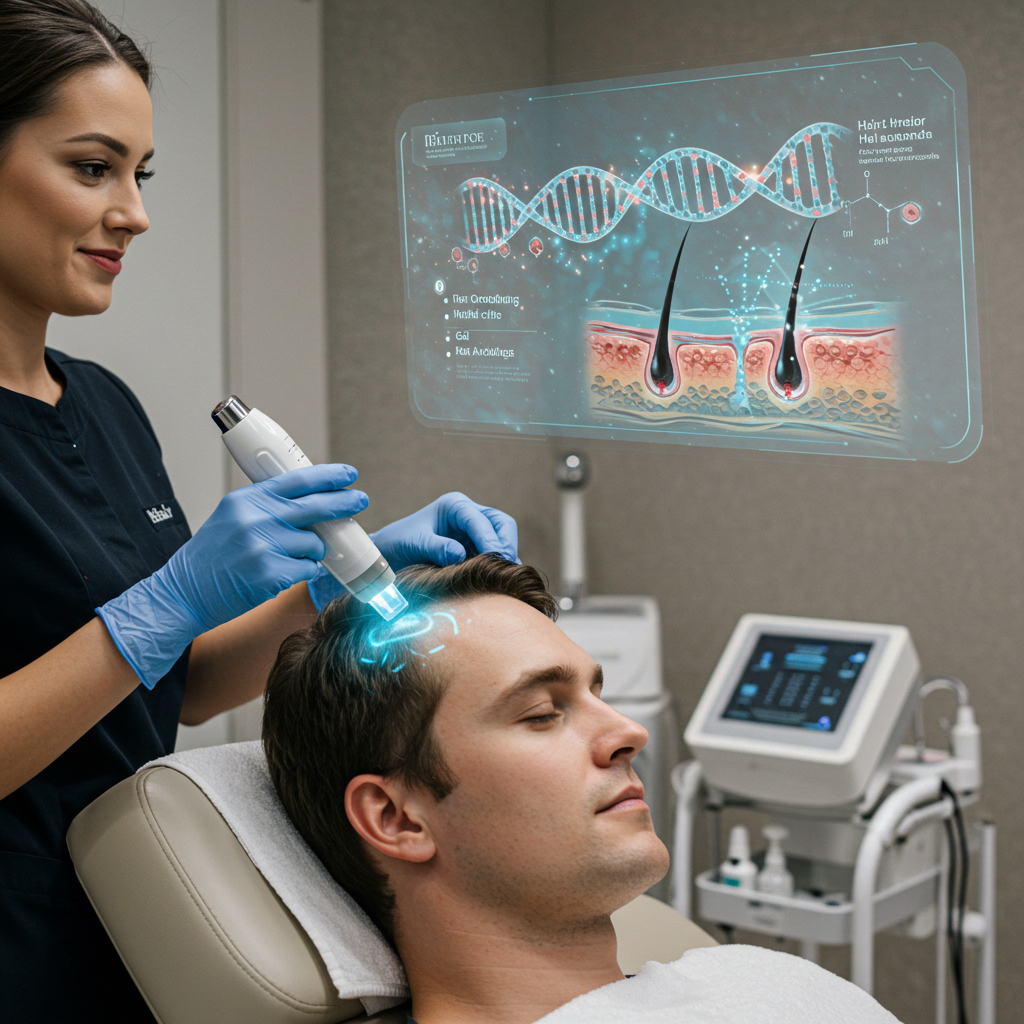 A futuristic vision of a hair clinic: a patient sits comfortably in a chair while a technician uses a small, sleek device to apply a light or gel to a specific section of their scalp, with a holographic display above showing a DNA strand transforming and hair follicles activating.