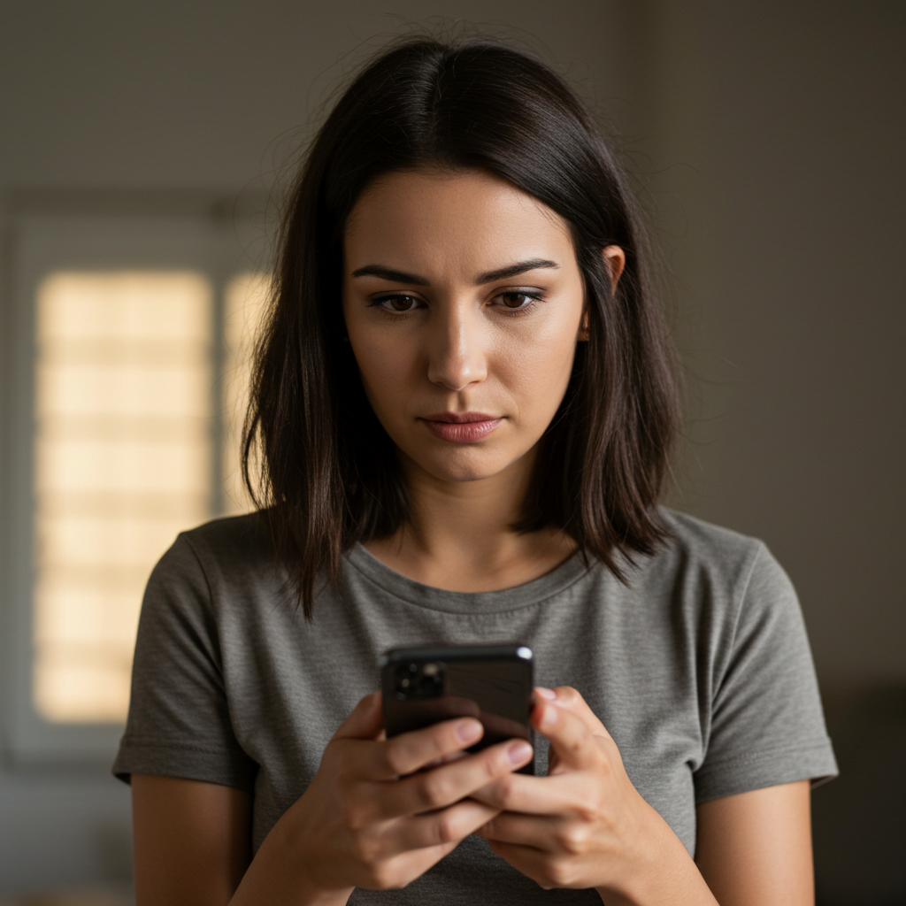 A person blocking an ex's number on their phone with a look of determined resolve on their face.