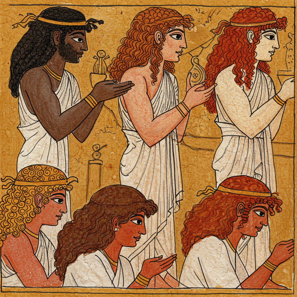 Ancient artwork or sculptures depicting figures with different hair colors