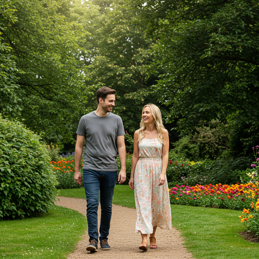 Two ex-partners on a casual, brief walk in a park, maintaining a respectful physical distance and engaging in light conversation.