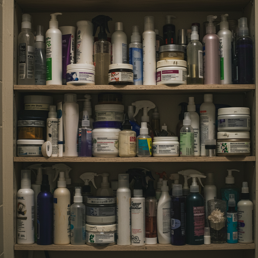 A chaotic, overflowing bathroom shelf crammed with dozens of half-used haircare bottles, sprays, and jars, illustrating the overwhelming and ineffective nature of the current product-centric approach.