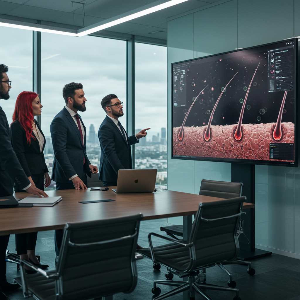 A dynamic corporate boardroom scene where executives are looking at a large display showing hair pattern of growing hair follicles, symbolizing the high-stakes business investment in this technology.