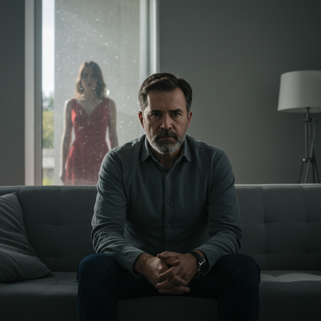 A man sitting alone on a couch, looking thoughtful and slightly conflicted, with a faint reflection of a confident woman in the window.