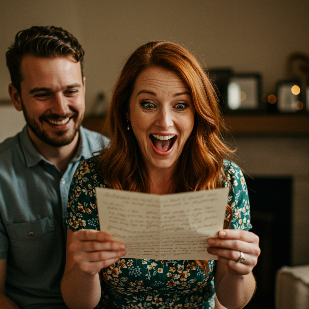 Woman in her 30s gasping with delight as handwritten words appear on paper while her partner smiles watching her reaction