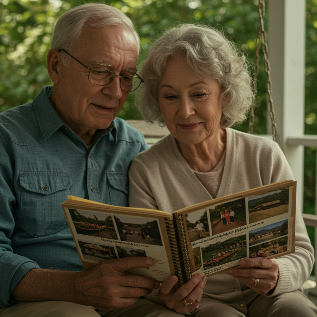 [Older couple on a porch swing looking at a notebook together, pages filled with photos and mementos from their alphabet dates]