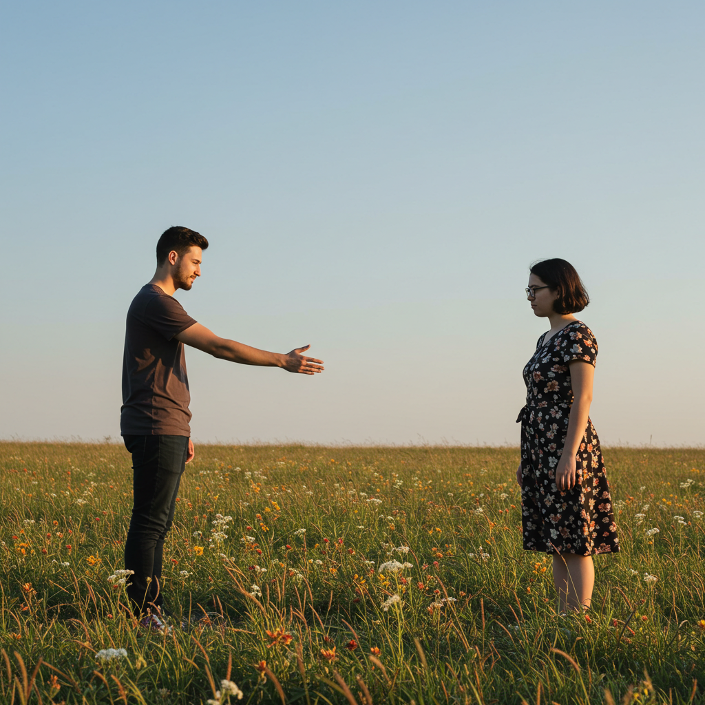 Two people standing far apart, one reaching out while the other looks distracted