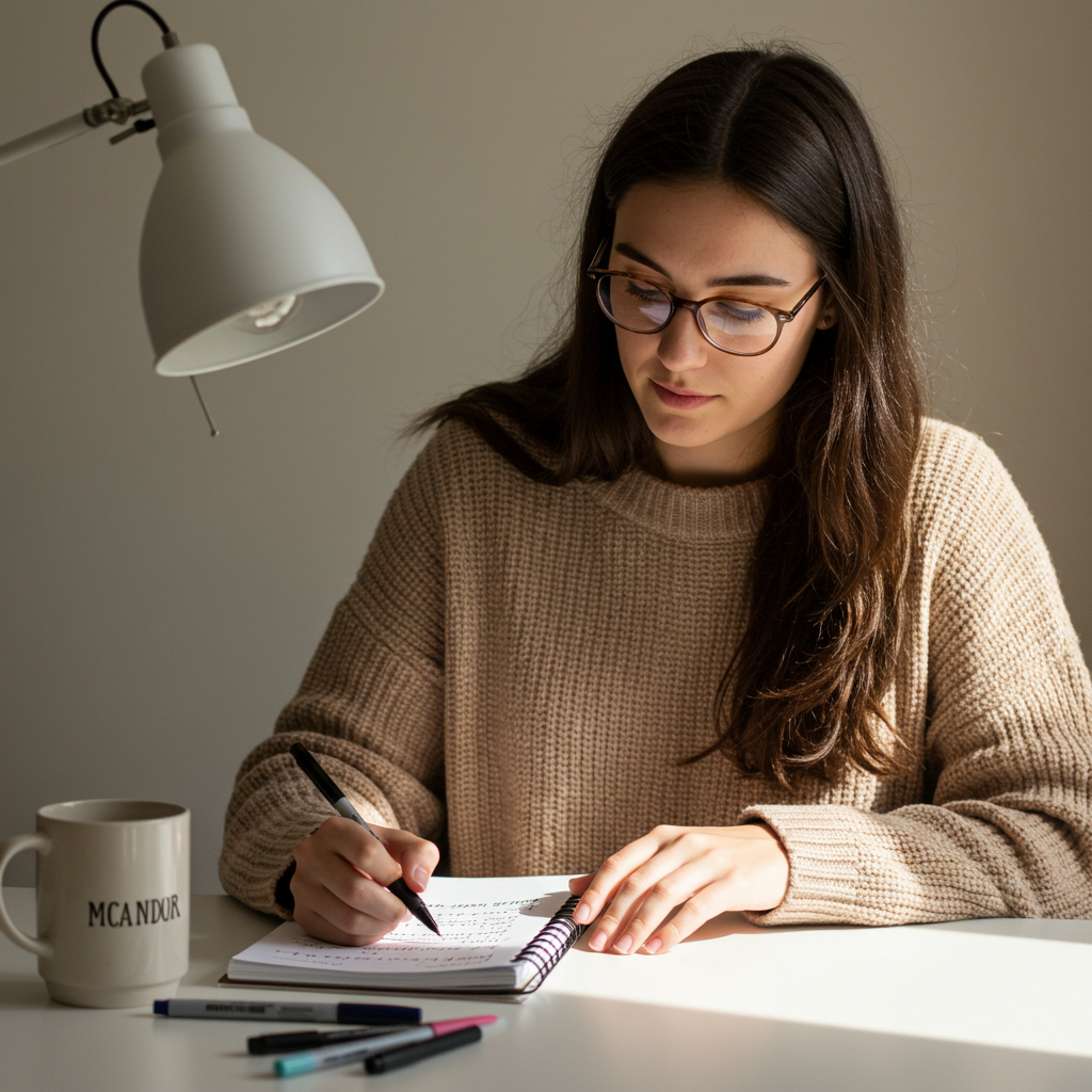 A woman journaling at a desk