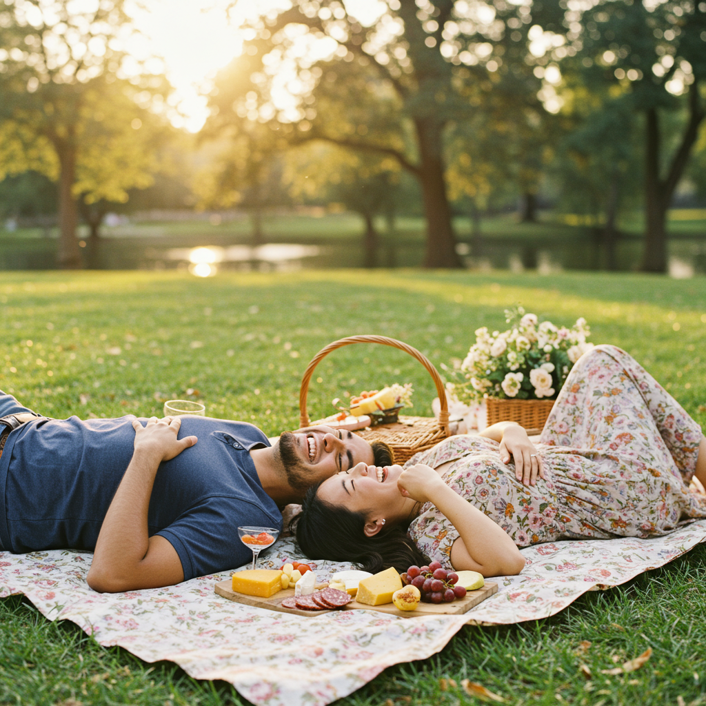 A couple laughing together on a picnic blanket, looking genuinely connected