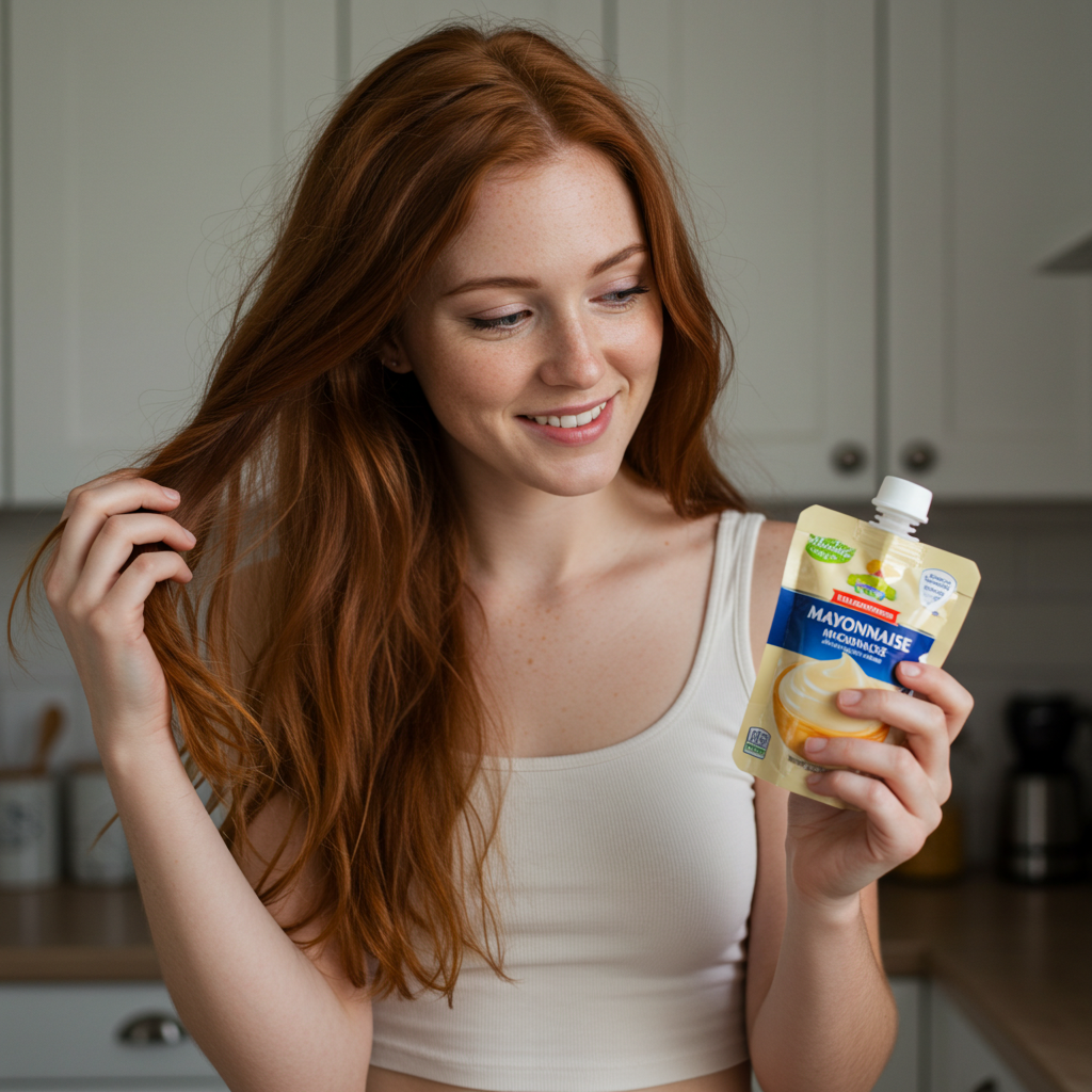 A Woman holding a pouch of mayonnaise, with othr hand holding her Ends of the hair