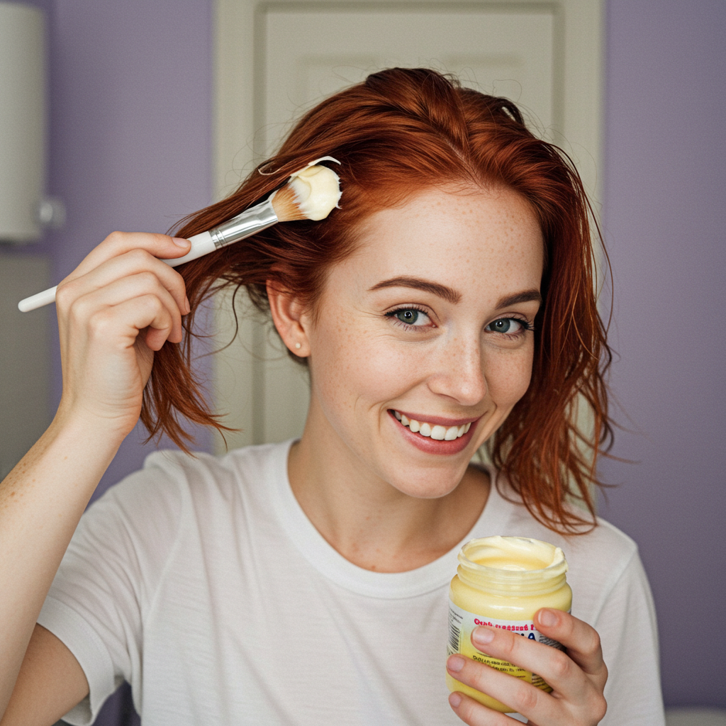 woman applying subtle little mayonnaise to hair with brush