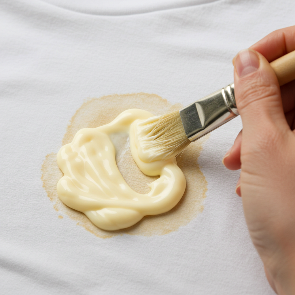 Hand applying mayonnaise to a bleached spot on a t-shirt