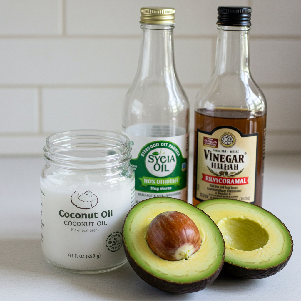 Assortment of kitchen ingredients (coconut oil, avocado, vinegar) laid out neatly.
