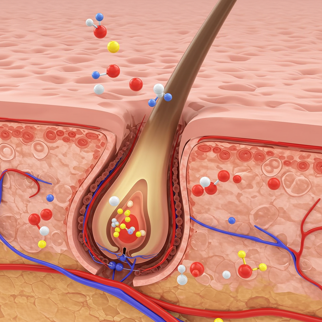 Illustration showing hair follicle anatomy with minoxidil molecules enhancing blood flow to the follicle