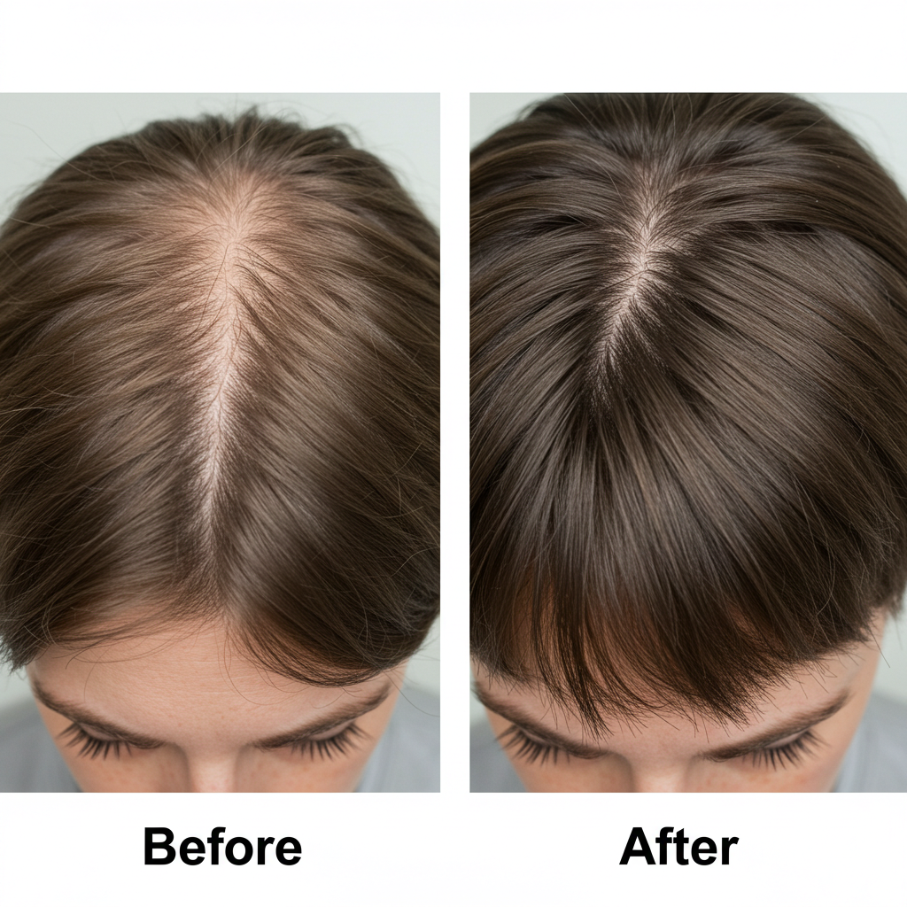 [Before-and-after photos of hair growth over 6 months with minoxidil use]