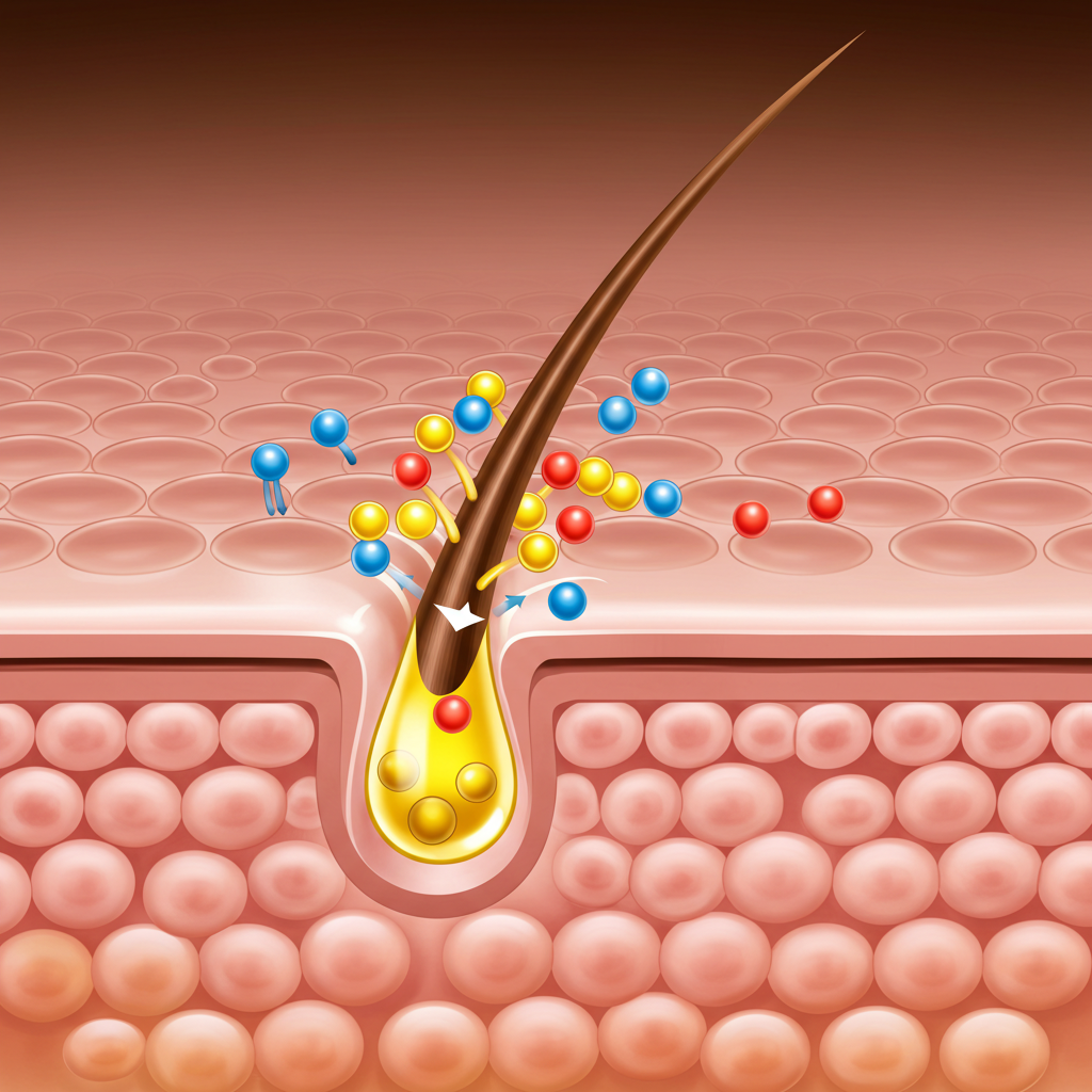 [Illustration showing how oil molecules penetrate and seal hair cuticles]