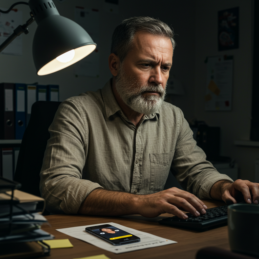[A man working alone at a desk, looking stressed, with a phone displaying a missed call from his partner nearby.]