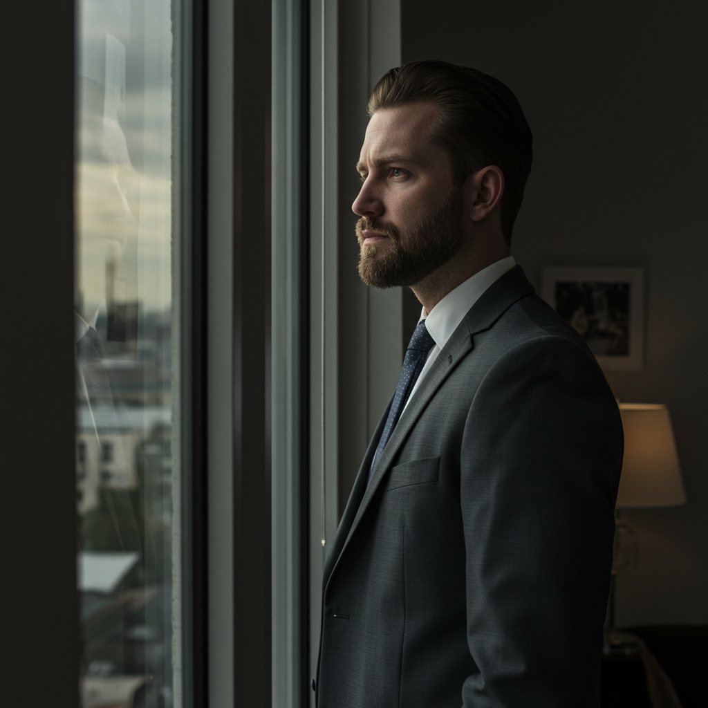 [A man standing at a window, looking pensive, with faded photos of a family argument visible in the reflection.]