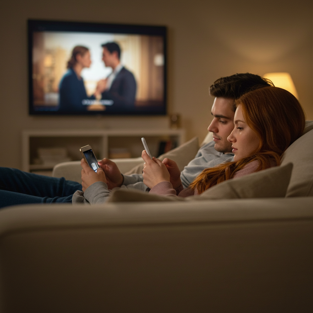 [A couple lounging on a couch, scrolling phones, with a muted romantic movie playing in the background.]
