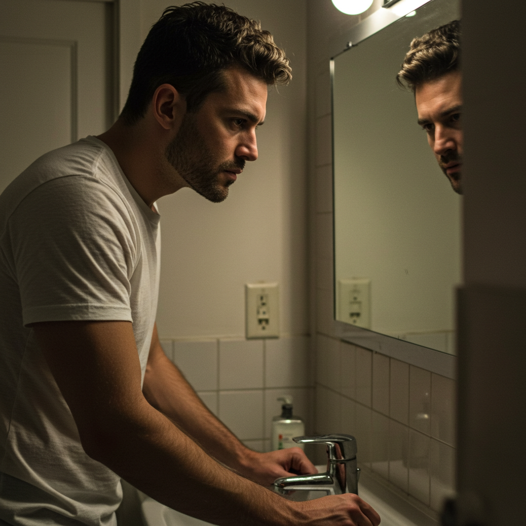 [A man looking at himself in a bathroom mirror, gripping the sink, with his reflection appearing uncertain.]