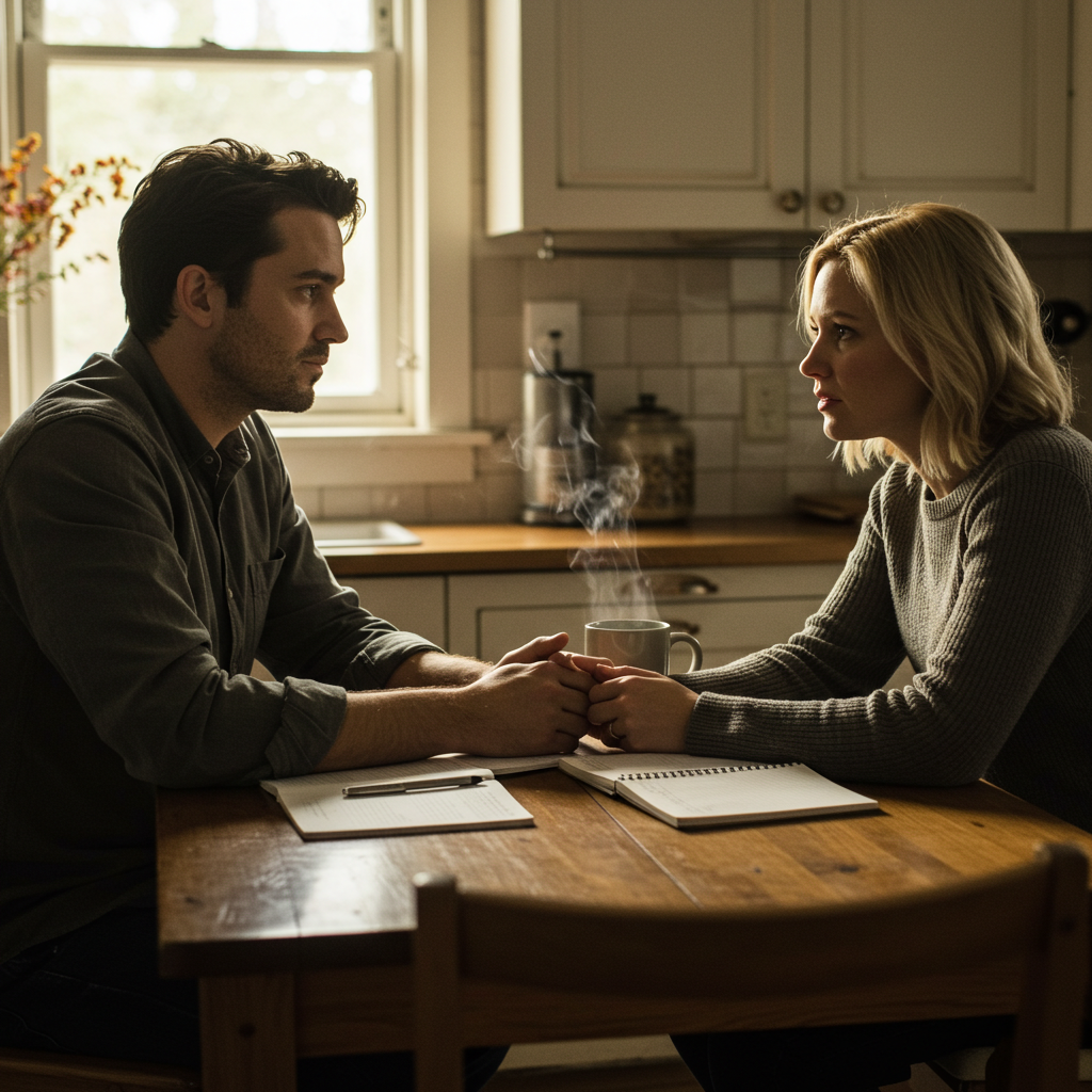 [A couple having a serious but calm conversation at a kitchen table, holding hands, with notebooks and coffee cups between them.]