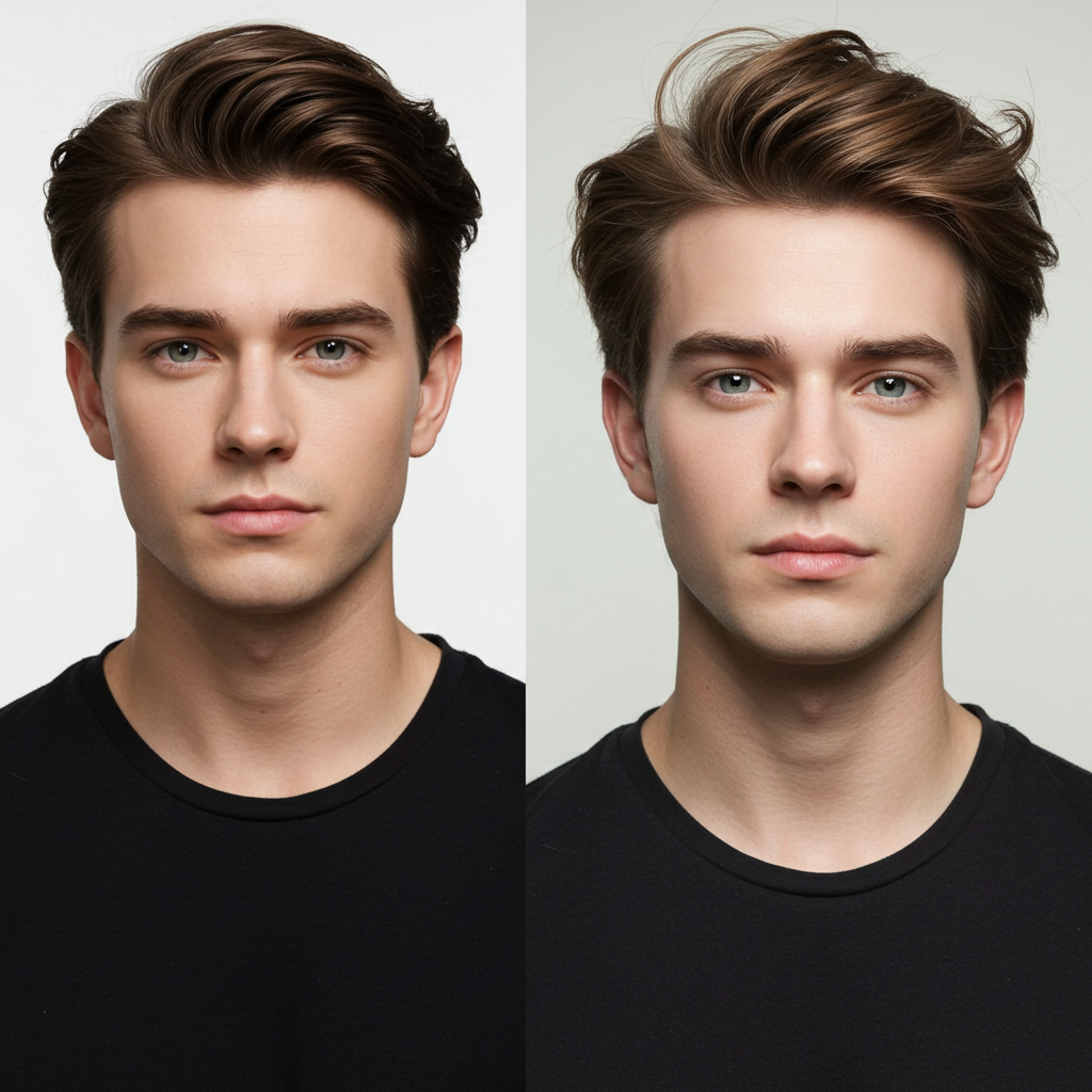 Side-by-side comparison of an actor and their hair double, showcasing identical hairstyles under different conditions.