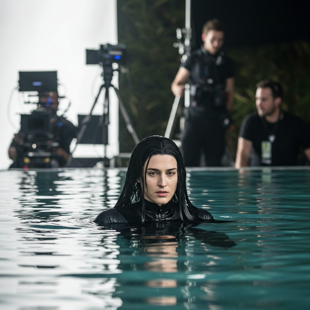 A stunt performer in a wig submerged underwater, hair flowing dramatically while the actor remains dry on set.