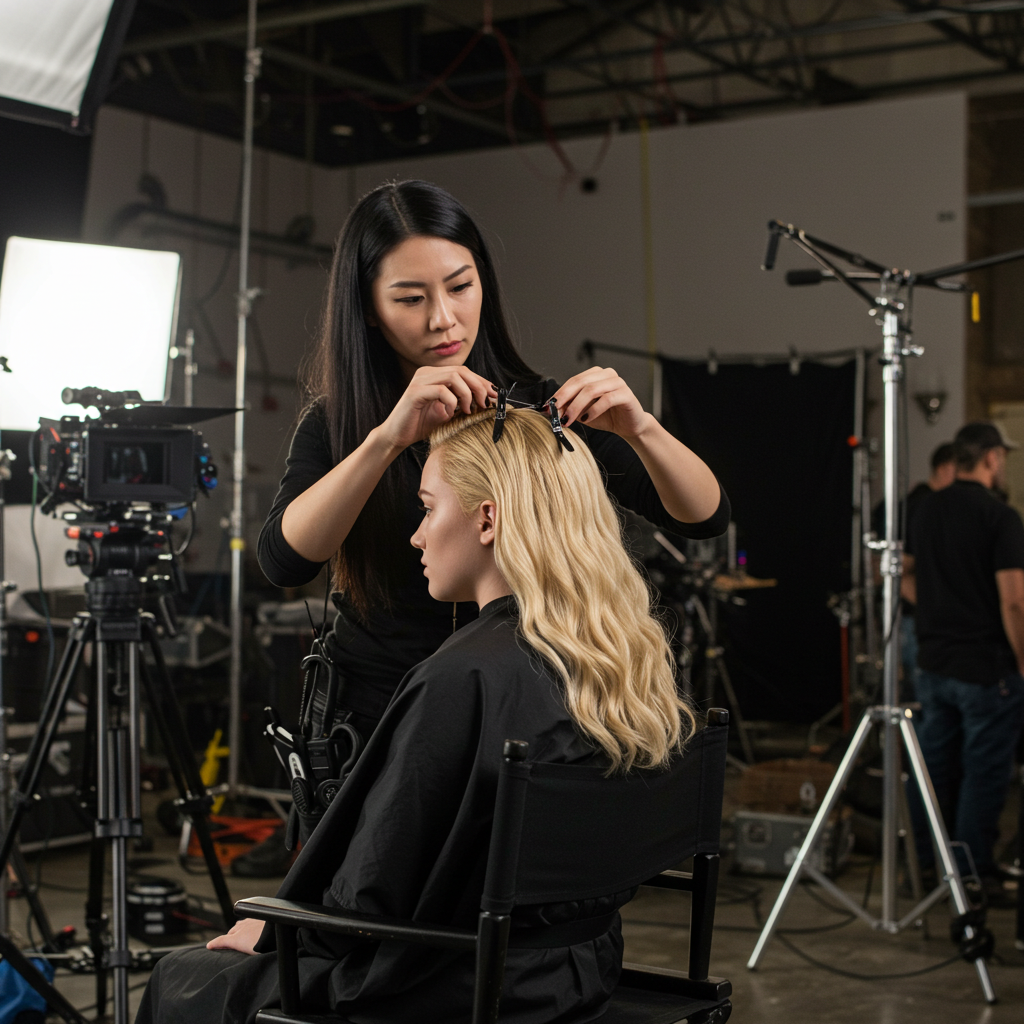 An actress at movie set getting wig installed by hair stylist