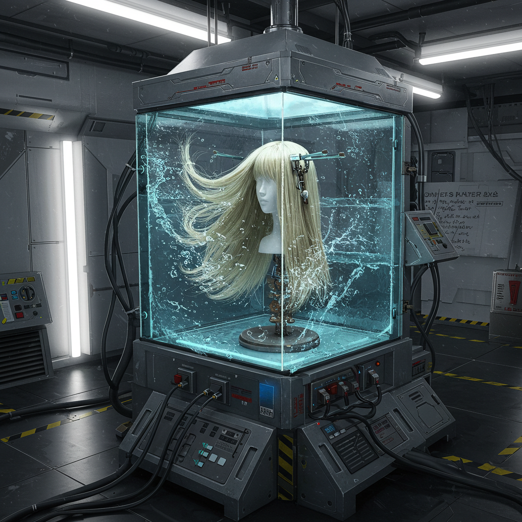 Concept art of a futuristic animatronic wig being tested in a wind water box
