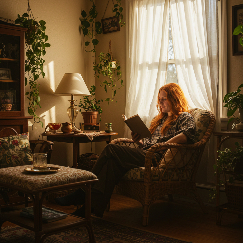 A person contentedly reading a book alone in a cozy setting, smiling softly