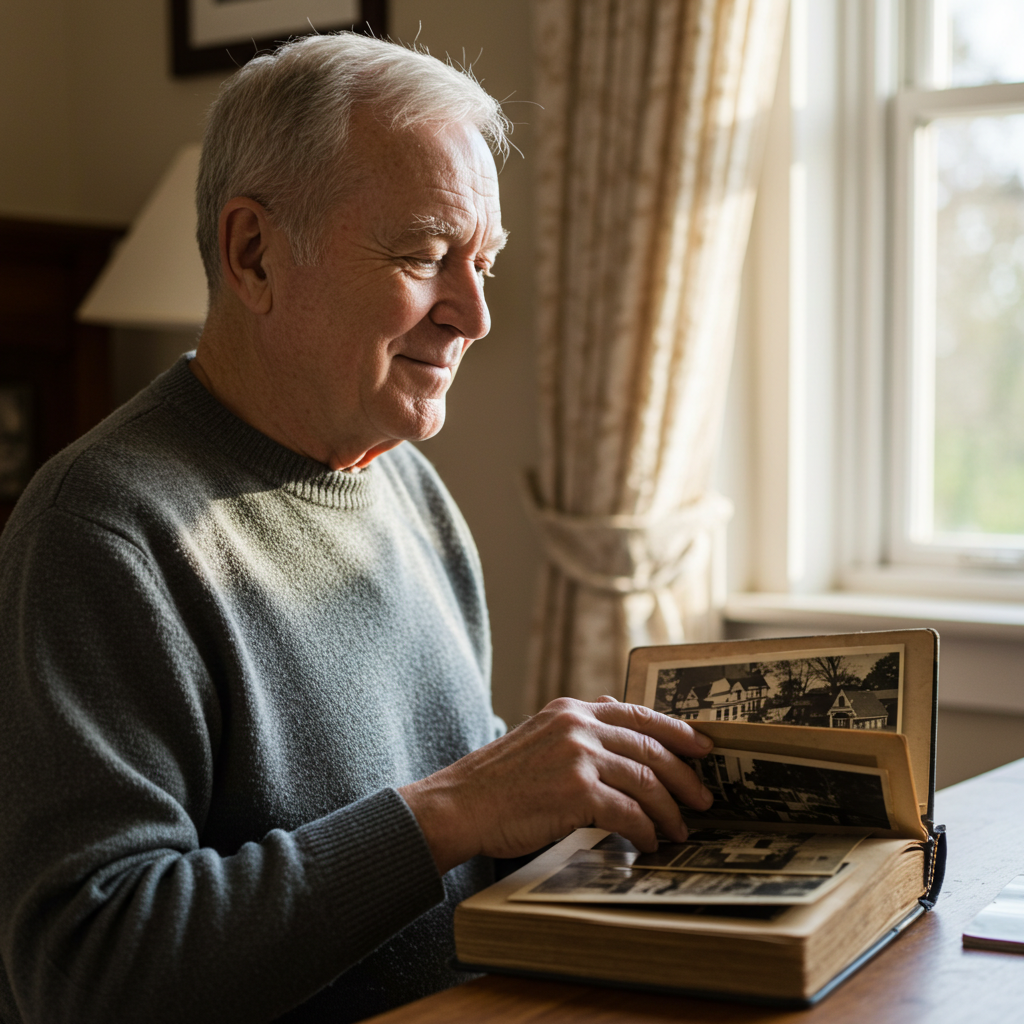[A person closing an old photo album with a sense of peace]