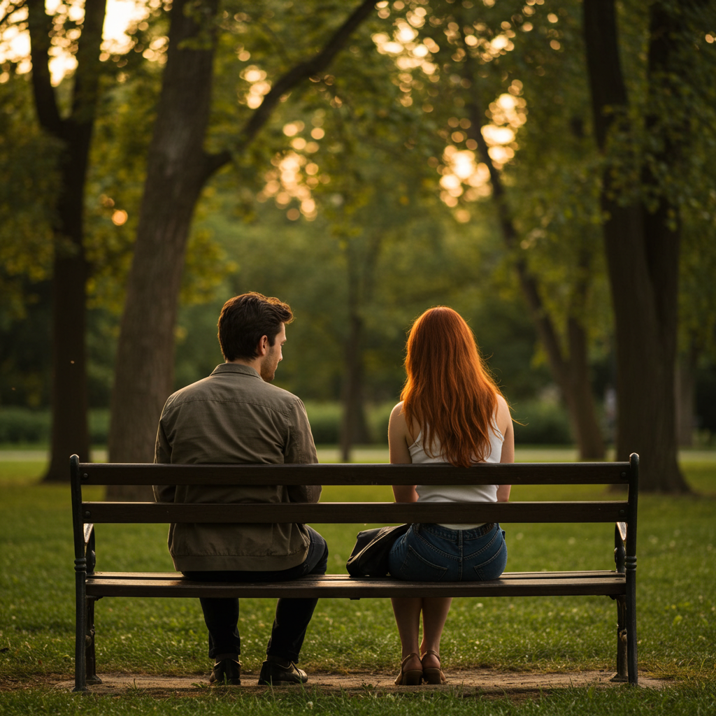 A couple having a calm conversation on a park bench, body language showing mutual respect