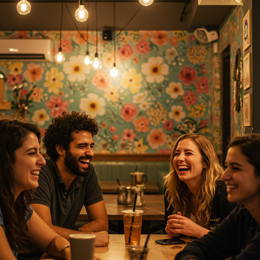 Someone laughing with friends at a café, radiating genuine joy