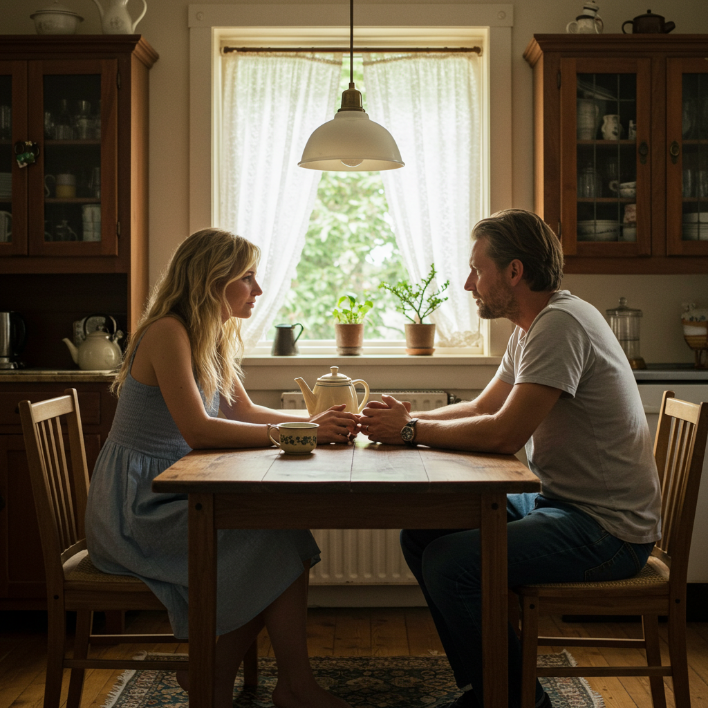 A couple discussing calmly at a kitchen table, one gently reaching for the other’s hand