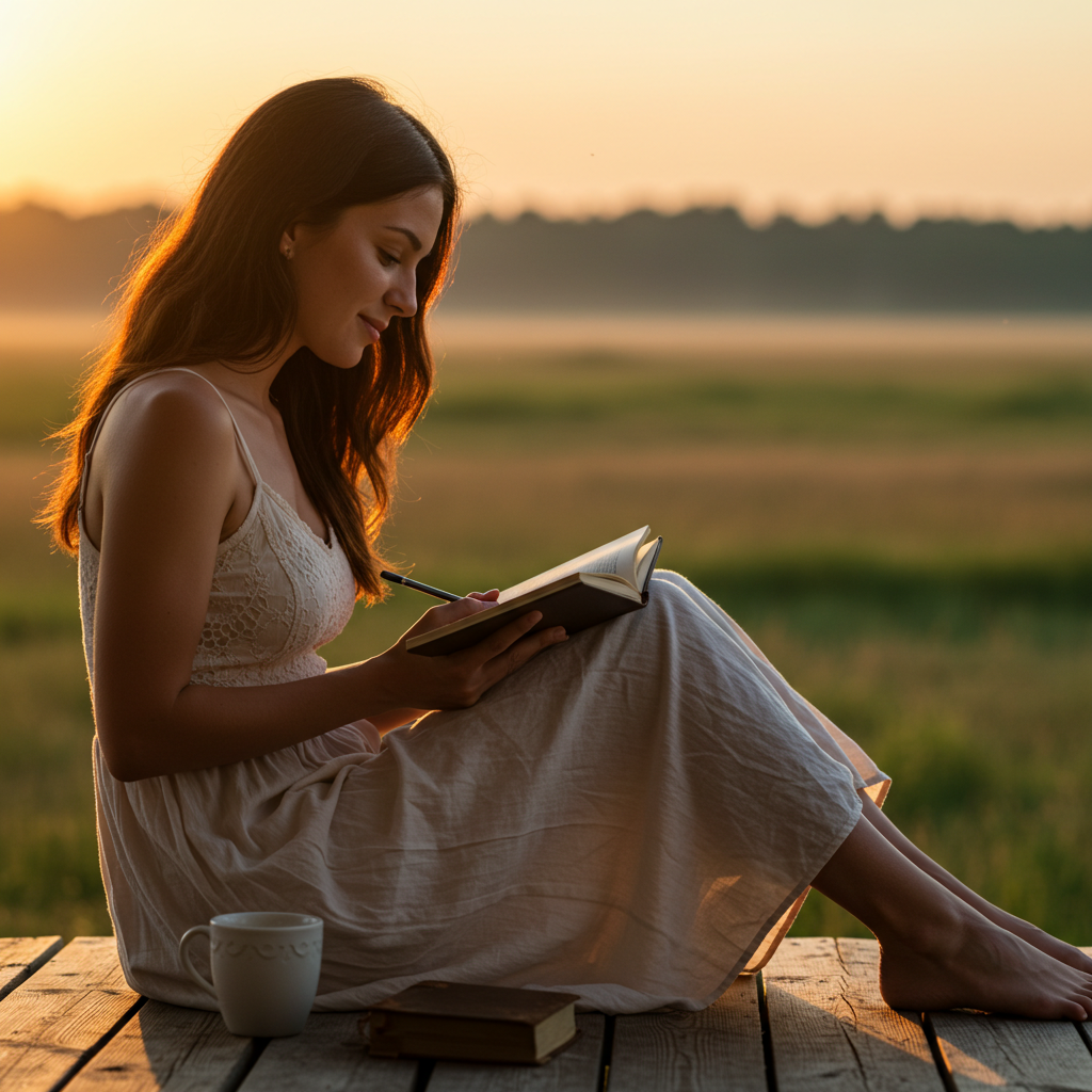 A person journaling at sunrise with a thoughtful expression